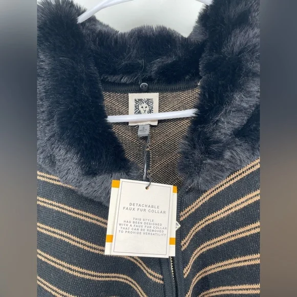 Anne Klein NWT Black Coffee Striped Women's Sweater Poncho Coat Oversized Sm - Picture 4 of 10